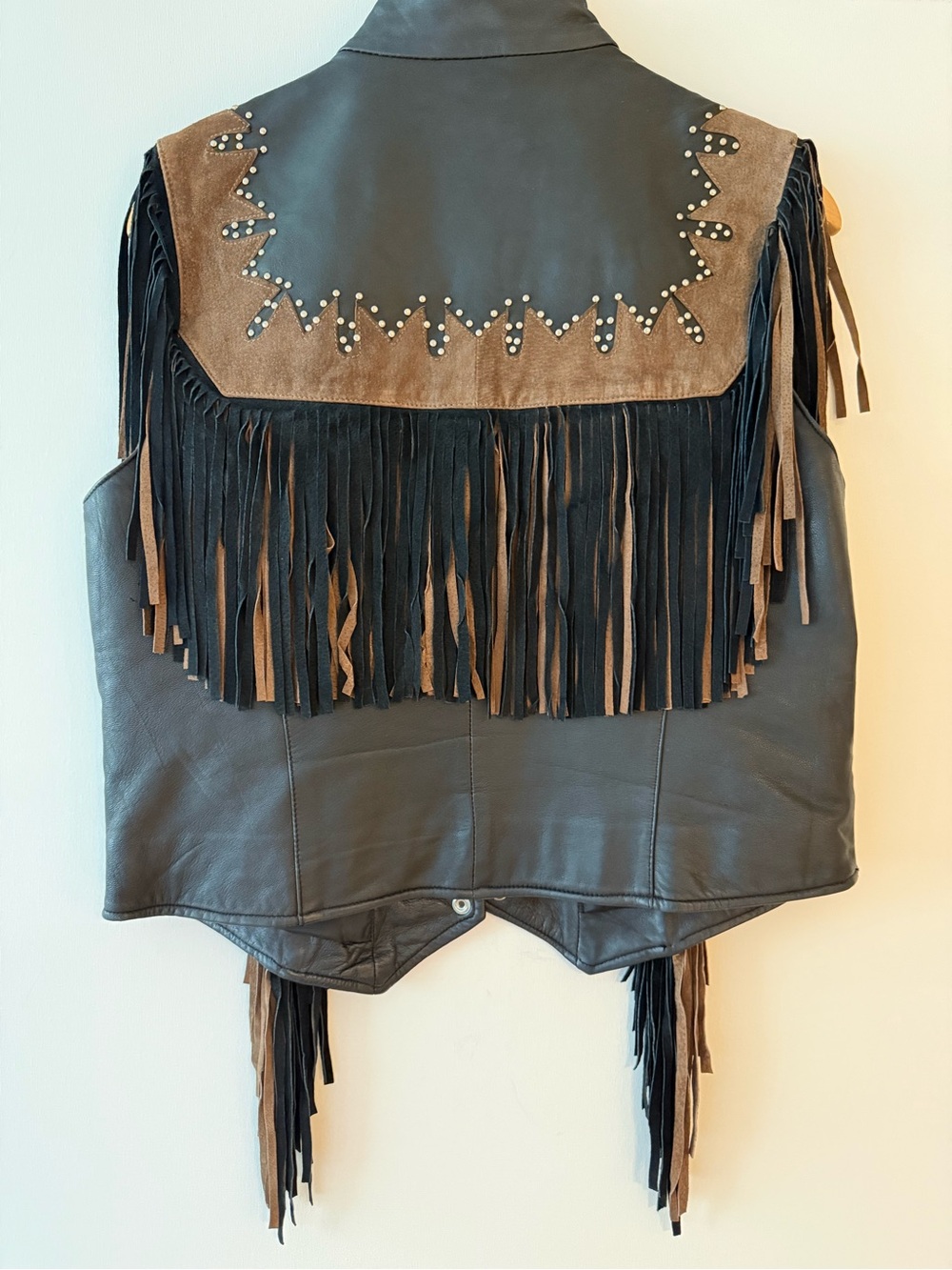 Dark Brown Genuine Leather Fringe Vest with Brown Suede Yoke Western Cowboy M - Picture 6 of 10